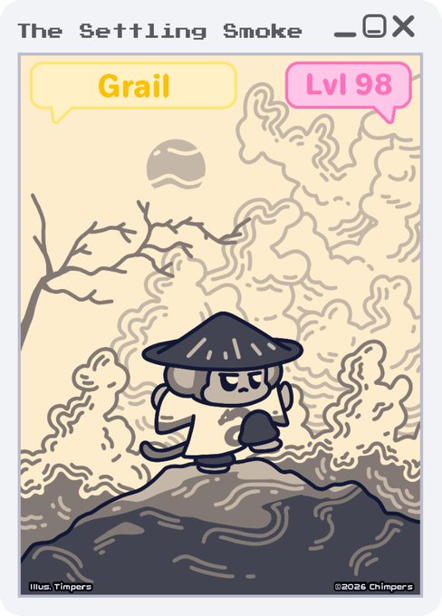 A digital illustration titled 'The Settling Smoke' featuring a cartoon character wearing a conical hat, with text bubbles reading 'Grail' and 'Lvl 98'.