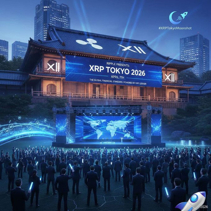 A promotional image for the "XRP TOKYO 2026" event on April 7th, presented by Ripple as "THE GLOBAL FINANCIAL STANDARD, POWERED BY XRP LEDGER," featuring a traditional Japanese temple building with a large crowd gathered in front of a stage displaying a world map, branded with the XRP/XII logo and the hashtag #XRPTokyoMoonshot.