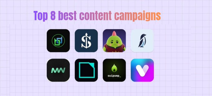 A graphic titled 'Top 8 best content campaigns' displays eight crypto/token logos including PIVX, a dollar sign, and suipump.