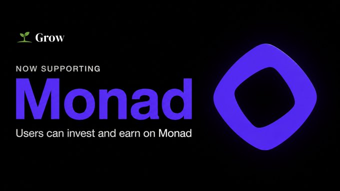 The image displays a black background featuring the "Grow" logo with a small green sprout icon in the upper left corner. White text reads "NOW SUPPORTING" above a large purple "Monad" title, with the tagline "Users can invest and earn on Monad" below, accompanied by Monad's purple diamond-shaped logo on the right—announcing Grow's integration with the Monad network.