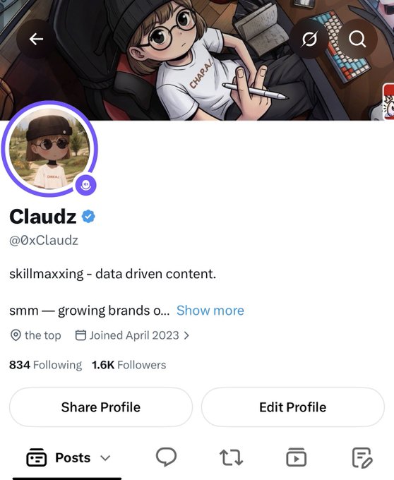 A Twitter/X profile for 'Claudz' (@0xClaudz) with bio 'skillmaxxing - data driven content. smm — growing brands o...' showing 834 Following and 1.6K Followers, with an anime-style profile picture.