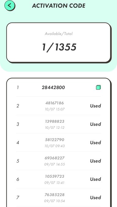 The image shows an activation code interface for STEPN displaying "1/1355" available codes, with the first entry showing code "28442800" and subsequent entries marked as "Used" with dates. This visual represents the user's shared STEPN activation code from their list.