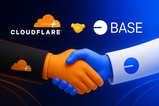 A 3D-rendered illustration showing two hands—one orange with the Cloudflare logo and one blue with the Base logo—shaking, representing a partnership between Cloudflare and Base.