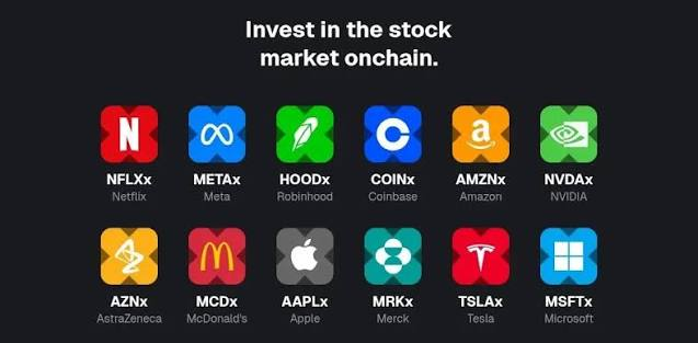 Promotional graphic for stock market investing onchain, displaying tickers including NFLXx (Netflix), METAx (Meta), HOODx (Robinhood), COINx (Coinbase), AMZNx (Amazon), NVDAx (NVIDIA), AZNx (AstraZeneca), MCDx (McDonald's), AAPLx (Apple), MRKx (Merck), TSLAx (Tesla), and MSFTx (Microsoft).