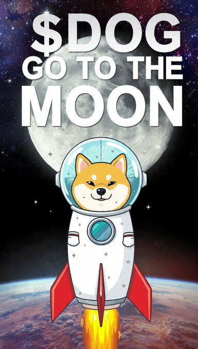 A cartoon Shiba Inu dog dressed as an astronaut rides a rocket toward the moon, with bold text reading "$DOG GO TO THE MOON" displayed above it. The image visually reinforces the post's rallying cry, symbolizing the $DOG community's ambition for the cryptocurrency to achieve a moon shot.
