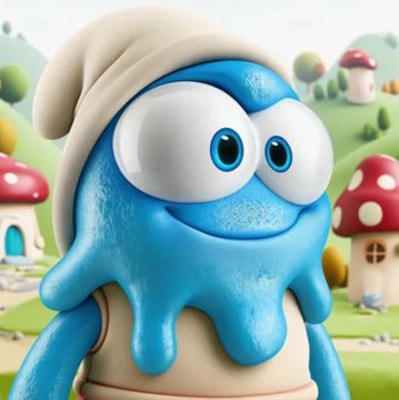 A blue, gooey, wide-mouthed cartoon figure with large eyes wearing a beige beanie, set against a backdrop of mushroom houses in a stylized landscape.