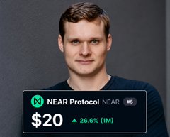 Portrait of a man with a NEAR Protocol (NEAR) stock ticker showing $20, up 26.6% (1M).