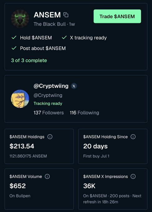 A dashboard panel displaying token information for '$ANSEM' (The Black Bull), showing tracking status, holdings of $213.54, volume of $652, and 36K X impressions, with a 'Trade $ANSEM' button.