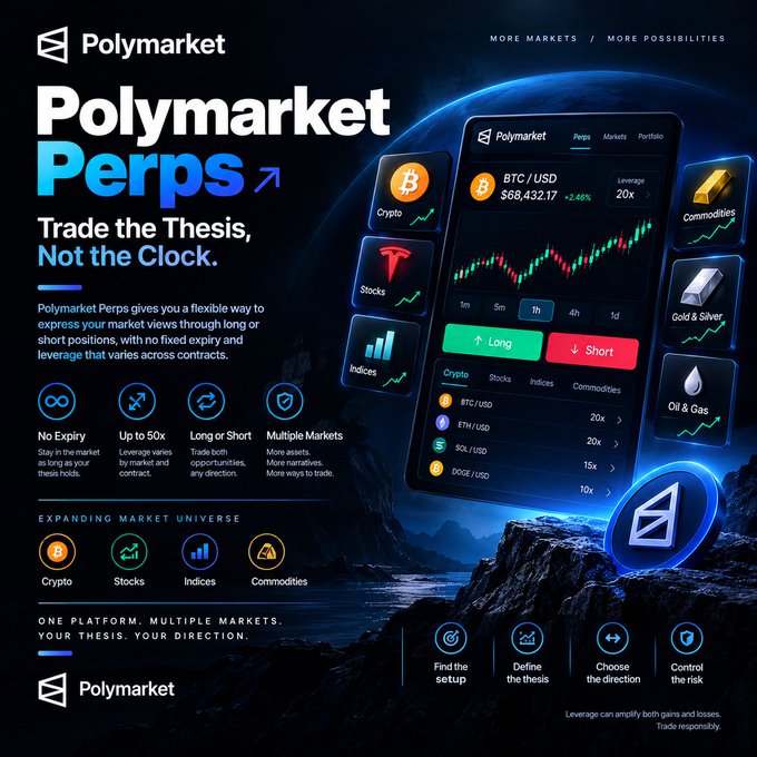 A promotional graphic for "Polymarket Perps" with the slogan "Trade the Thesis, Not the Clock," advertising perpetual contracts across crypto (BTC/USD, ETH/USD, SOL/USD, DOGE/USD), stocks, indices, and commodities with up to 50x leverage and no fixed expiry.