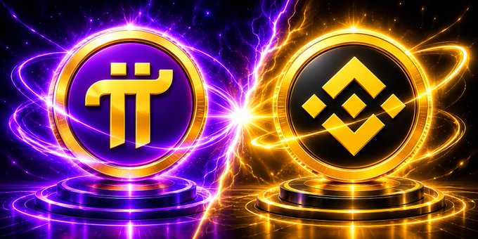 Stylized cryptocurrency logos featuring the Pi symbol in purple on the left and the Binance logo in gold on the right, set against a dynamic background of cosmic lightning.