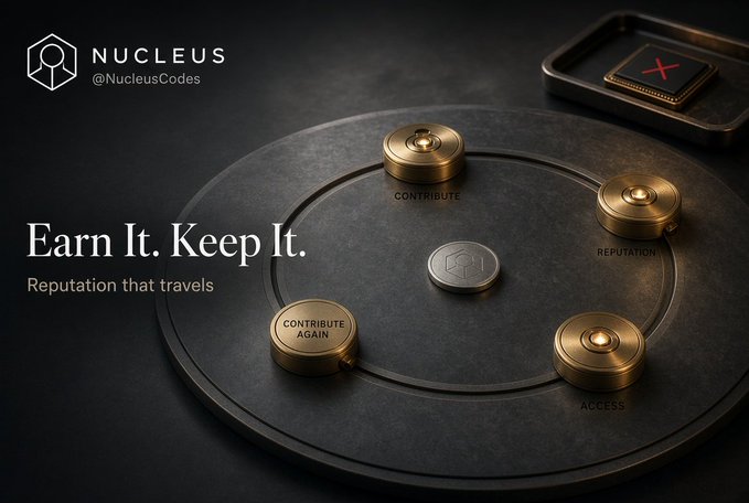 A promotional graphic for 'NUCLEUS' (@NucleusCodes) reading 'Earn It. Keep It. Reputation that travels,' with golden buttons labeled 'CONTRIBUTE', 'REPUTATION', and 'ACCESS'.