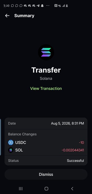 A screenshot of a successful Solana transfer of $10 USDC and a small amount of SOL (0.002044341) sent on August 5, 2026, which corresponds to the post announcing a $10 giveaway prize sent to a winner.