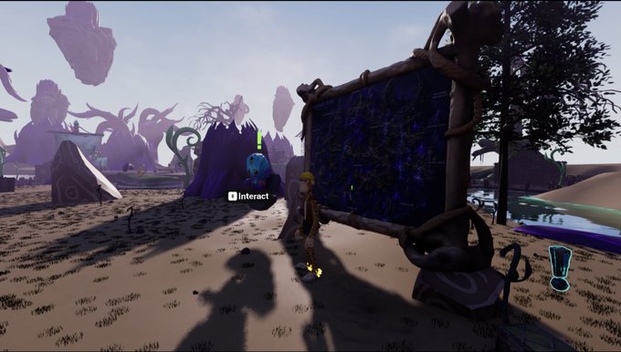 A player character stands before a glowing blue map board with an "Interact" prompt in a surreal Otherdeeds landscape featuring floating rocks, a distant Ape NFT, and a "10K" hologram. The scene captures the immersive Otherside experience, aligning with the post's call to join ODK builds in the Koda Mikey environment.