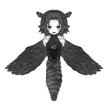 The image features a black and white illustration of a fairy or dragon-like creature with wings, possibly a fairy or dragon. The creature has long hair and horns, giving it an ethereal appearance. The creature is standing against a plain background, which emphasizes its presence in the scene. The image also includes text that reads "Form of the Soul xrp.cafe/nft/0008271038". This suggests that the illustration might be part of a collection or series related to the concept of the soul or spiritual essence.