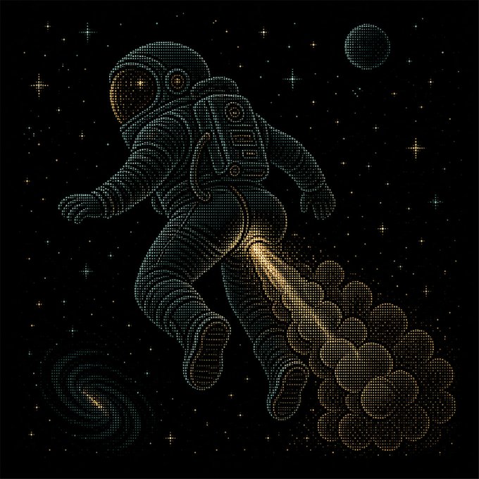 A dot-matrix style illustration of an astronaut floating in space with a jet propulsion flame trailing behind, set against a starry background with a planet and spiral galaxy.