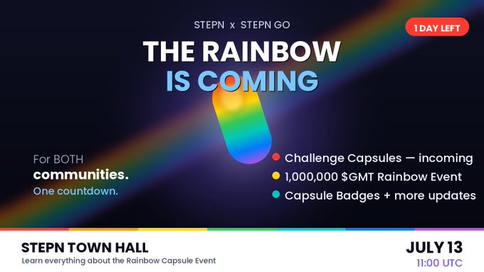 A promotional banner for STEPN x STEPN GO announces 'THE RAINBOW IS COMING' with a countdown of '1 DAY LEFT', promoting a 1,000,000 $GMT Rainbow Event and Challenge Capsules, with a STEPN TOWN HALL scheduled for JULY 13.