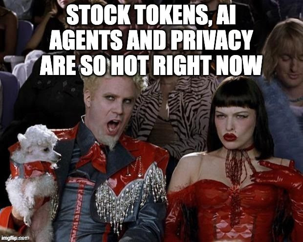A meme from the 1997 film *Zoolander* shows the characters Mugatu and Katja in elaborate red outfits at a fashion show, overlaid with the text "STOCK TOKENS, AI AGENTS AND PRIVACY ARE SO HOT RIGHT NOW." The caption humorously frames the hot topics from TOKEN2049—tokenized stocks, AI agents, and privacy features like those discussed by NEAR co-founder Illia Polosukhin—as trendy buzzwords currently dominating the crypto and AI space.