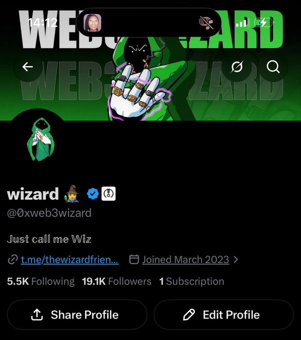 A social media profile for 'wizard' (@0xweb3wizard) with the bio 'Just call me Wiz', showing 5.5K following, 19.1K followers, a green 'WEB3 WIZARD' banner, and a stylized green character avatar.