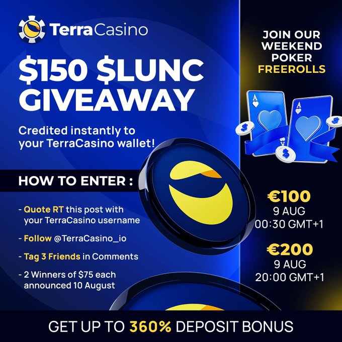 A promotional graphic for TerraCasino advertising a $150 $LUNC giveaway and €300 in poker freerolls, with entry instructions to quote RT, follow @TerraCasino_io, and tag three friends, plus details on a €100 freeroll at 00:30 GMT+1 and a €200 freeroll at 20:00 GMT+1 on August 9, with two $75 winners announced August 10.
