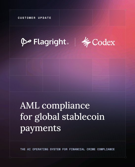 A customer update graphic from Flagright and Codex about AML compliance for global stablecoin payments, featuring their logos on a purple and pink gradient background.
