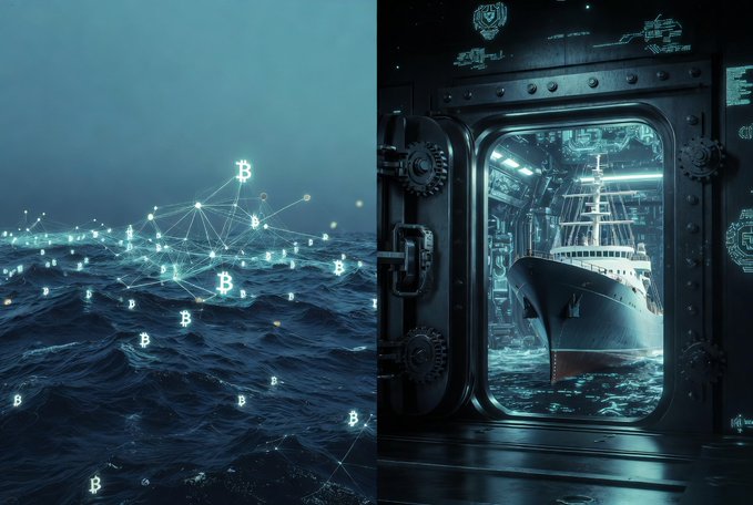 A diptych digital artwork: the left side shows a glowing Bitcoin network symbol rising from ocean waves, and the right side depicts a ship viewed through a heavy industrial metal hatch.