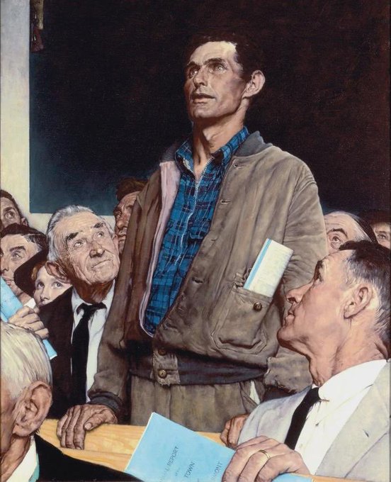 A Norman Rockwell-style painting depicts a gaunt man in a plaid shirt and jacket standing among a crowd of onlookers, clutching what appears to be a voting ballot. The image parallels the post's message about crypto traders being gamblers, capturing the anxious, all-or-nothing anticipation of placing a risky bet.