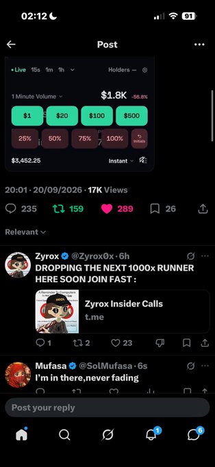 A mobile screenshot of a social media post showing a crypto token chart with $1.8K 1-minute volume, down 58.8%, alongside comments from users 'Zyrox' and 'Mufasa' discussing a 1000x runner.