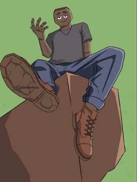 An animated Black man in a gray t-shirt, blue jeans, and brown boots sits casually on a brown rock, waving at the viewer against a plain green background.