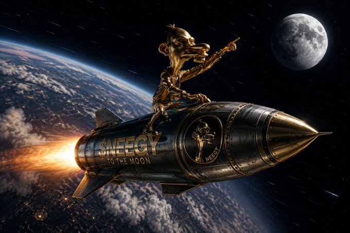 A golden cartoon figure rides a rocket ship labeled "SNEECY TO THE MOON" with flames propelling it past the moon above Earth.