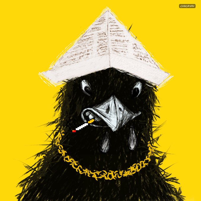 A stylized illustration of a black chicken wearing a paper hat and gold chain, smoking a pixelated cigarette against a bright yellow background, signed 'CHICKEN'.