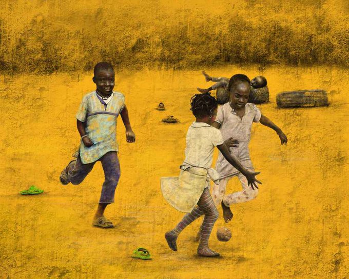 A stylized yellow-toned artwork depicting children playing soccer barefoot in a dusty field, with one child lying on the ground in the background.