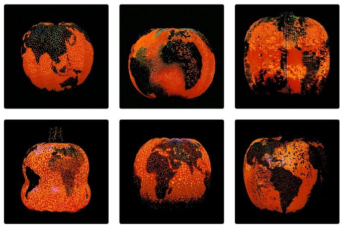 A grid of six stylized images showing orange and black textured globes or pumpkin-shaped world maps on black backgrounds.