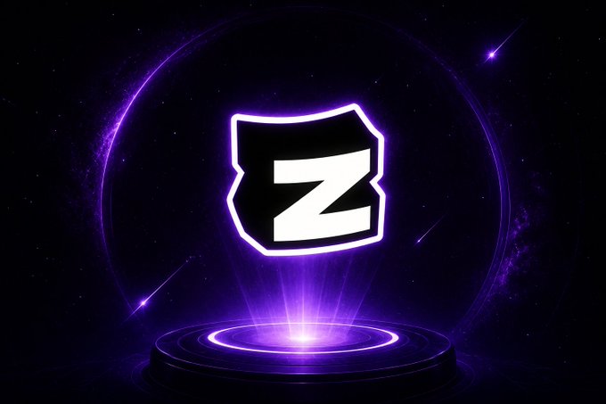 A glowing purple logo featuring a stylized 'ZB' symbol inside a shield, set against a cosmic background with shooting stars and a neon-lit platform.