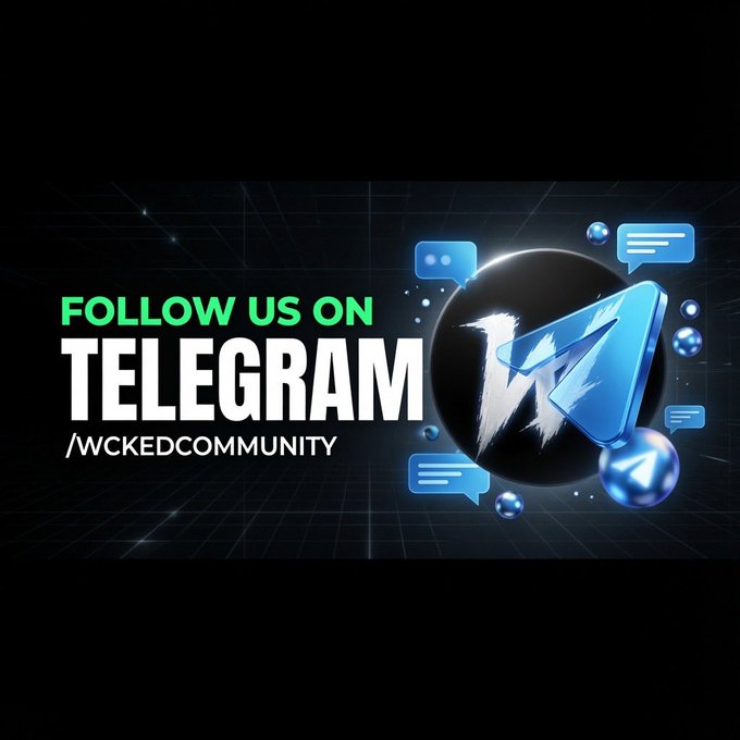 Graphic promoting a Telegram channel with the text 'FOLLOW US ON TELEGRAM /WCKEDCOMMUNITY' next to a 3D blue paper airplane logo and chat bubbles on a black background.