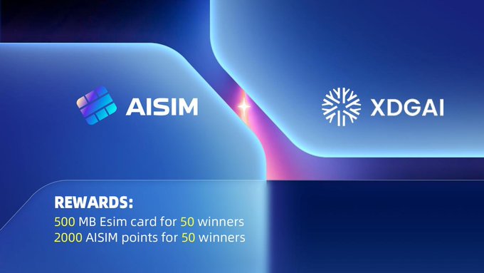 Promotional graphic for an XDGAI × AISIM giveaway, featuring both logos on a blue gradient background, advertising rewards of 500 MB Esim cards and 2000 AISIM points for 50 winners each.