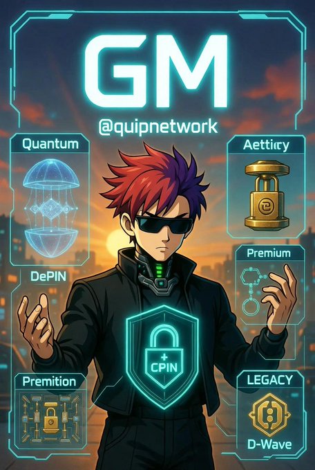 The image features a cartoon character wearing sunglasses, standing against an orange sky backdrop. The character has a shield over their head that says "G-M" written in white letters. In front of the character, there are several icons representing different aspects of quantum computing and security, such as a lock, a shield, and a city skyline. These icons are arranged in a way that suggests they are part of a larger system or network related to the post's theme. The image also includes text elements like "@quipnetwork" and "G-M", which further emphasize the connection between the character and the post about QuipNetworks' quantum computing services.