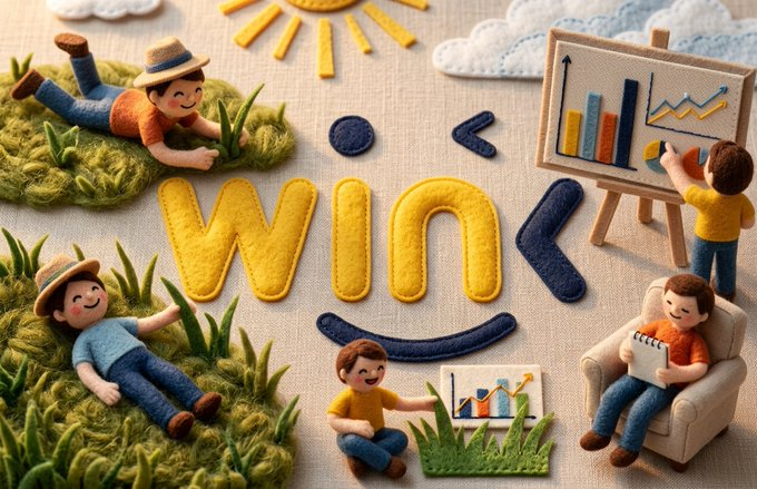 A felt craft illustration features the word 'WIN' alongside emojis and small figures engaged in activities like painting charts and relaxing on grass.