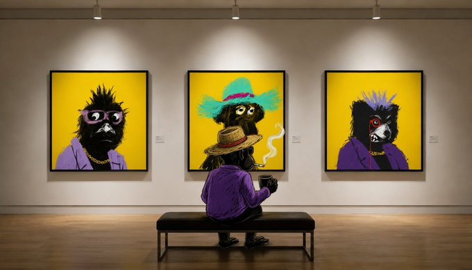 A person sits on a bench in an art gallery, viewing three vibrant yellow paintings of dogs wearing sunglasses and hats.