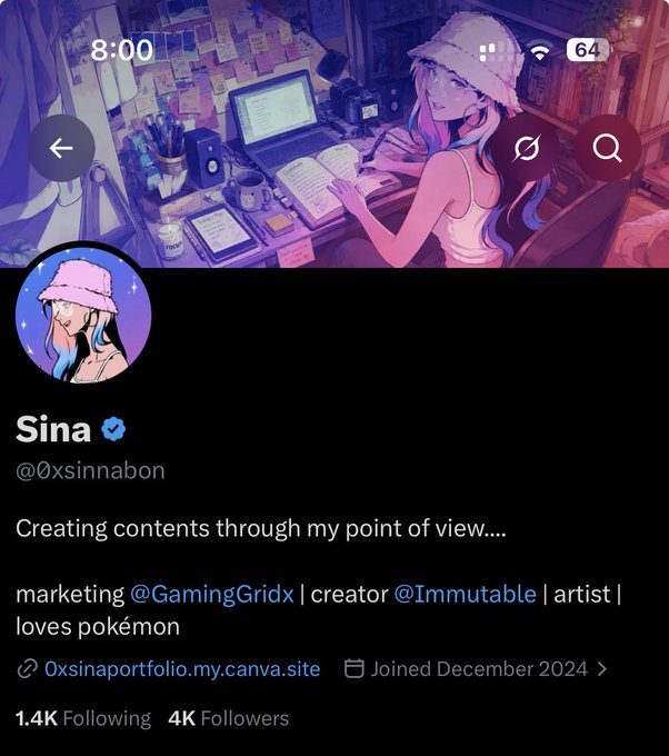 A social media profile for 'Sina' (@0xsinnabon) showing an anime-style avatar, with the bio 'Creating contents through my point of view... marketing @GamingGridx | creator @Immutable | artist | loves pokémon' and stats of 1.4K Following and 4K Followers.