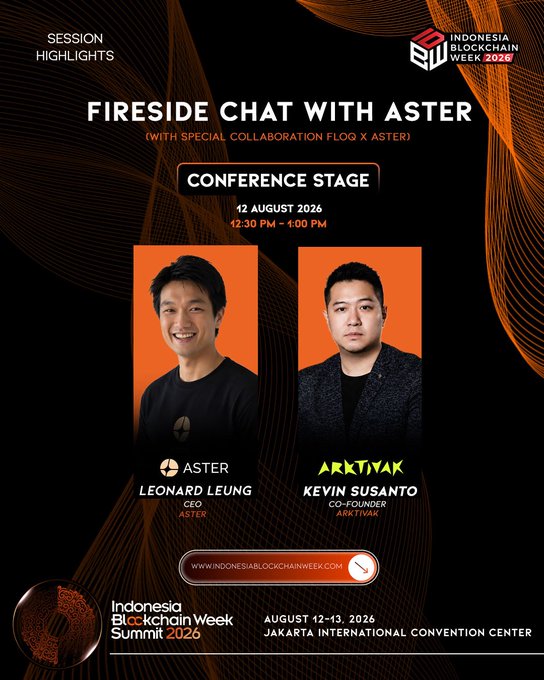 A promotional graphic for a 'Fireside Chat with Aster' at the Indonesia Blockchain Week 2026, featuring speakers Leonard Leung (CEO, Aster) and Kevin Susanto (Co-Founder, Arkivak) on August 12.