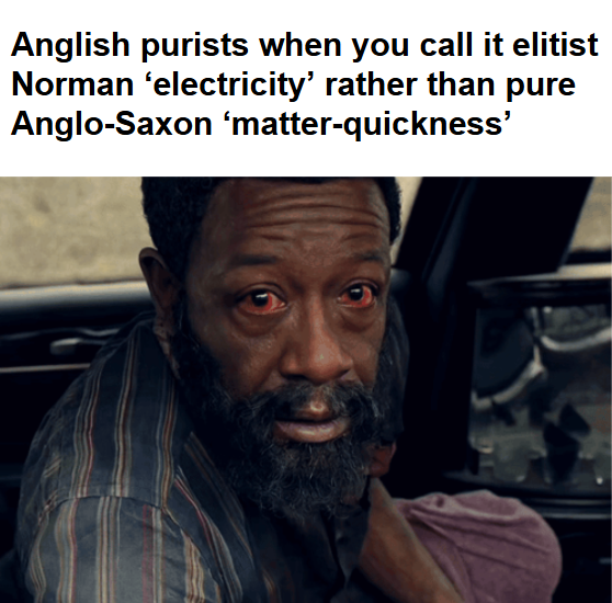 The image features a man with a beard wearing a striped shirt, sitting inside a car. The text above him reads "ANGLISH PURSUITS WHEN YOU CALL IT ELITIST NORMAN 'ELECTRICITY' rather than pure matter-quicksand". This phrase is likely an inside joke or reference to the movie "Anglophone", which features a character named "Norman" who is known for his eccentric behavior. The man in the image seems to be making a humorous statement about the relationship between electricity and matter, using the term "electricity" as a pun on the word "quicksand".