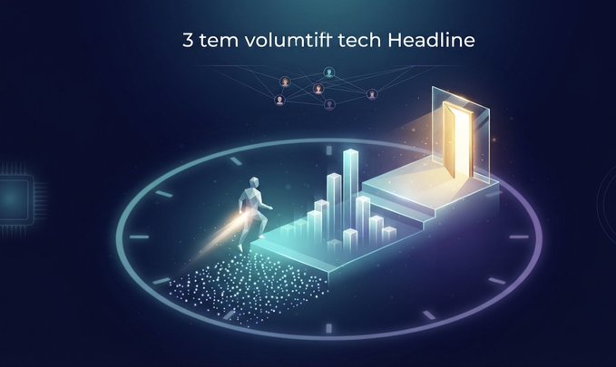 A tech-themed graphic featuring a rocket and glowing bar chart inside a clock face, with the text "3 tem volumtif tech Headline".