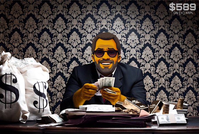 A well-dressed man counts cash beside money bags, stacks of bills, and a backdrop featuring dollar signs. The text “$589 ON [X logo] XRPL” and the post’s claim that “$589 is inevitable” frame the image as confident, wealth-themed promotion of XRP.