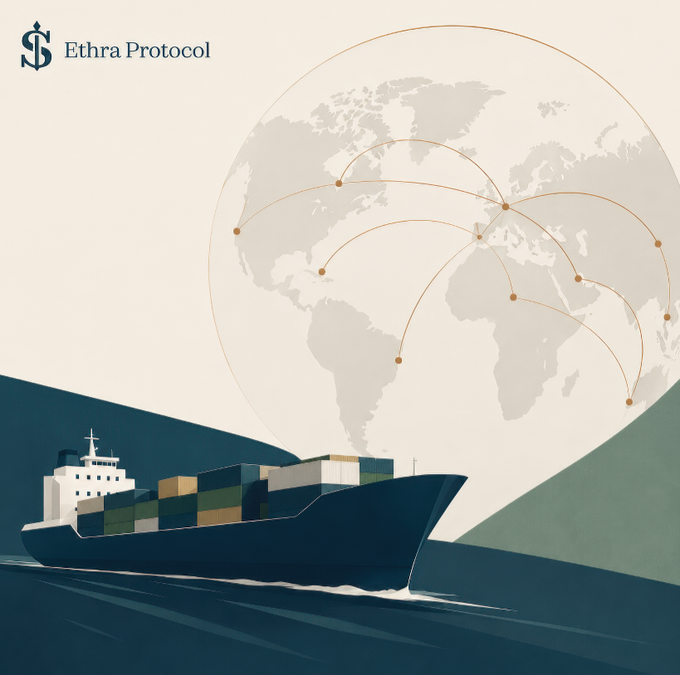 A cargo ship sails across dark waters beneath a translucent globe showing global shipping routes connecting major ports, with the "Ethra Protocol" logo displayed in the top left corner. The illustration visually reinforces the post's theme by depicting the worldwide maritime trade network, emphasizing how the vast scale of ocean commerce (over 80% of world trade by volume) creates a critical need for verifiable proof markets like EthraShip.