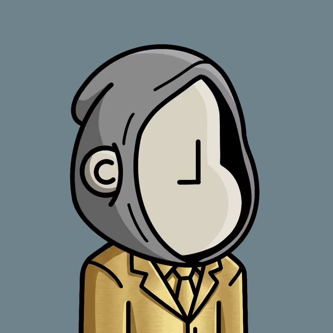 An illustration of a faceless figure in a tan suit with a clock for a face, displaying the letter 'J' on its grey hooded head.