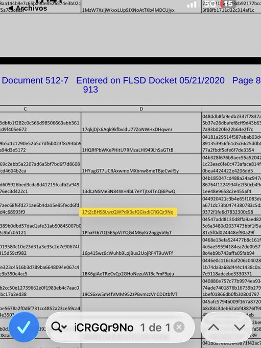 The image shows a spreadsheet containing long alphanumeric strings (likely cryptographic hashes or encrypted data), with the Bitcoin address **17tZcBHS8LwcQWPdX3afGGixdiCRGQr9No** highlighted in yellow on row 17. This address corresponds to one of the seven early Bitcoin addresses referenced in the post, which allegedly moved 350 BTC for the first time in over 16.5 years.