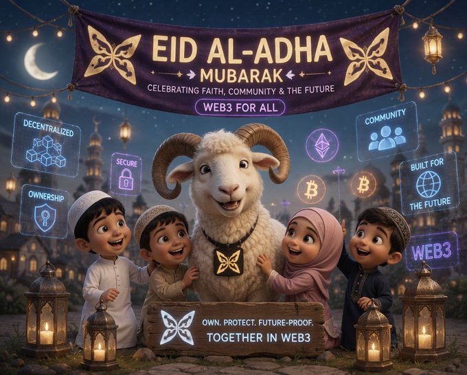 The image features a cartoon depiction of children, including two boys and one girl, standing around a large white sheep with a butterfly on its back. The children are smiling and appear to be enjoying their time together. In front of them, there is a sign that reads "gQuippers Eid Al-Adha Mubarak May this Eid bring peace, barakah, good health, and endless blessings to you and your families. May Allah accept our prayers and guide us toward a better future." The children are surrounded by various objects such as lanterns and buildings, which further emphasize the festive atmosphere of the scene.
