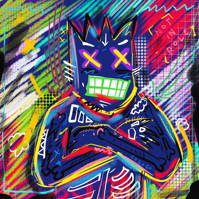 A vibrant, graffiti-style digital illustration of a dark blue figure with X-shaped eyes, a wide green-grinning mouth, and a crown-like head, set against a chaotic background of neon splashes and grid patterns with the text 'NOT IN ROLE' visible.