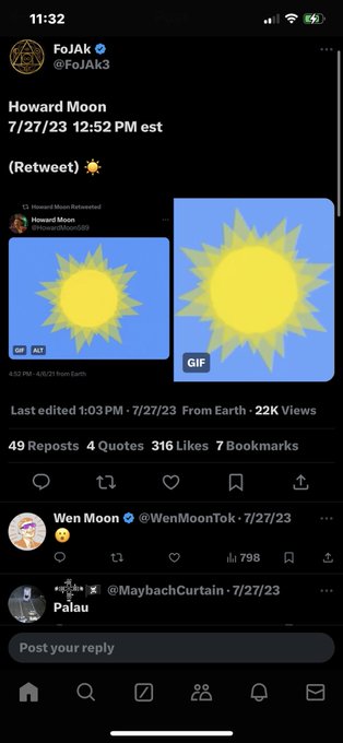A Twitter/X screenshot shows user @FoJAKK retweeting a post by Howard Moon (@HowardMoonSB) featuring two nearly identical GIFs of a cartoon sun with sparkle effects.