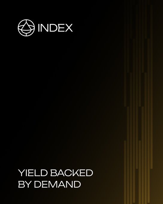 A dark promotional graphic for a crypto project called 'INDEX' featuring a geometric eye-like logo and the tagline 'YIELD BACKED BY DEMAND' at the bottom, with vertical gold bars on the right side.